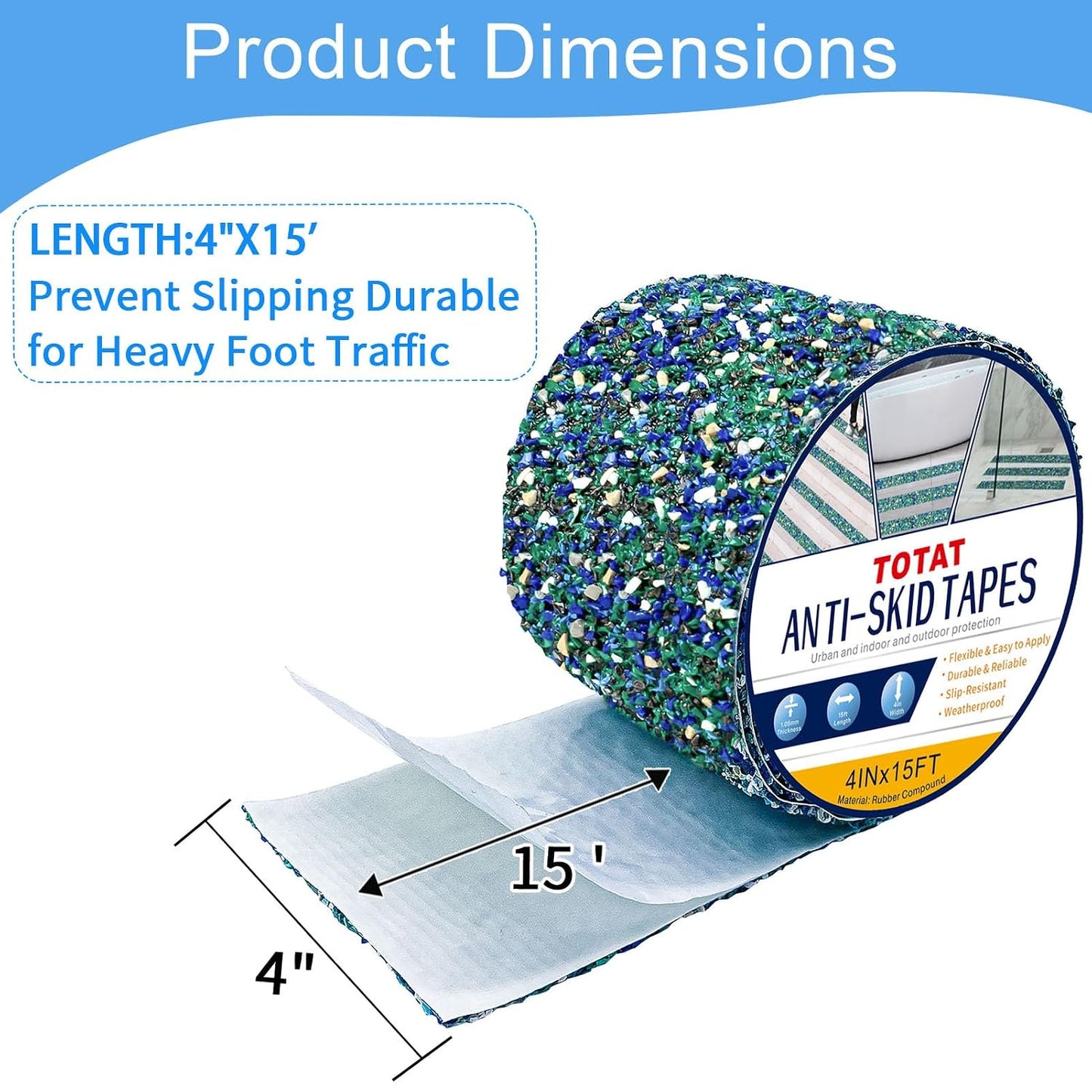 Waterproof Tape for Pools, 4" x15FT Heavy Duty Anti Slip Stair Treads Outdoor Tape Non-Slip Rubber Grip Tape Shower Strips Slip Resistant Tape Traction Tape for Stairs Showers Bathroom Trails