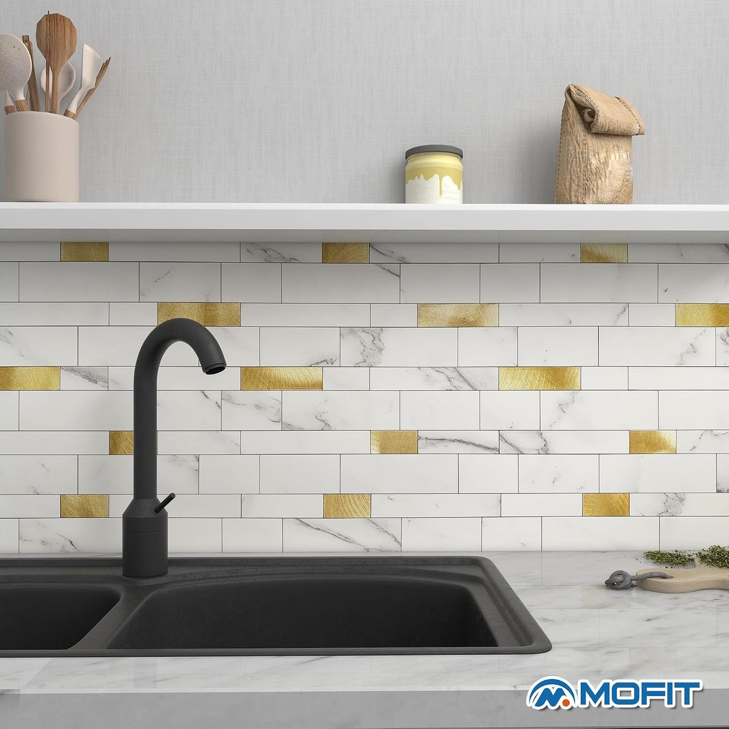 MOFIT Backsplash Tile for Kitchen Peel and Stick Stone Matte Finish,Bathroom Tiles Stickers 3D Wall Panel Linear Mosaic Marble Backsplash Waterproof(10sheets,Blue Green Gray)