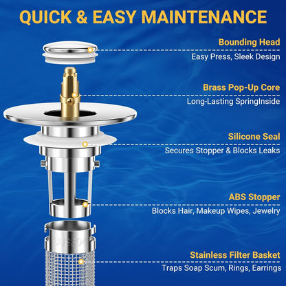 2PCS Bathroom Sink Stopper Strainer, Pop-Up Bathroom Sink Drain Strainer with Removable Stainless Steel Hair Catcher Basket, Universal Fit for US Bathroom Sinks, Bathtubs, Showers & Floor Drains