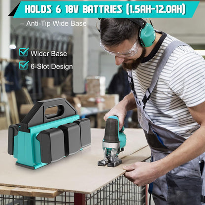 Dinftin 6-Slot Battery Caddy Holder/Carrying Case Compatible for Makita 18V Batteries - Heavy Duty ABS Organizer for 1.5Ah-12.0Ah Batteries with Handle, Non-Slip Base（Battery Not Included）
