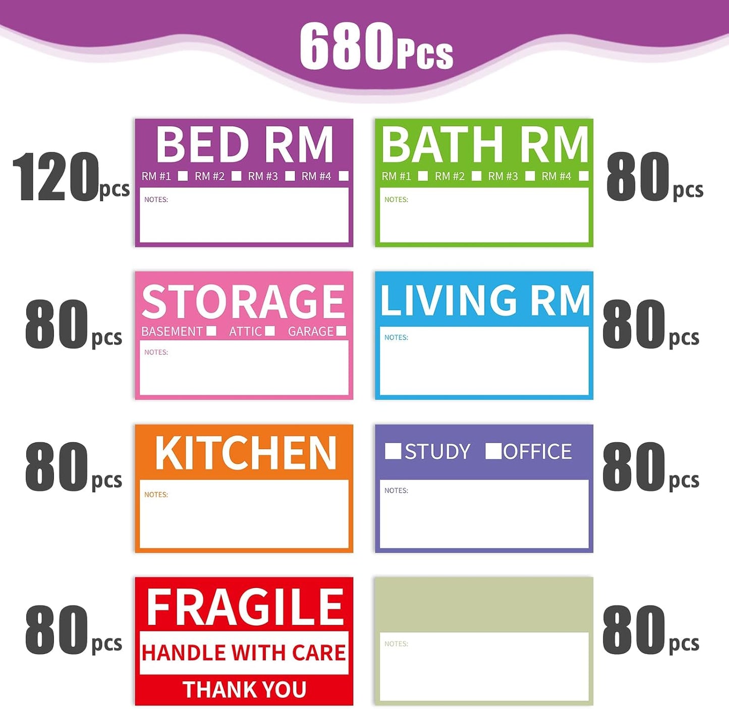 170 Home Moving Labels, 3.4 x 2 inches, 8-Color Coded Packing Box Stickers with Fragile and Blank Customizable Labels