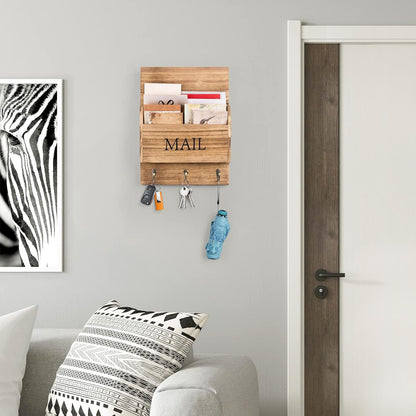 DLQuarts Mail Organizer with Key Holder for Wall, Mail Sorter Wall Mounted, Decorative Wooden Key and Mail Holder with 3 Hooks, Black