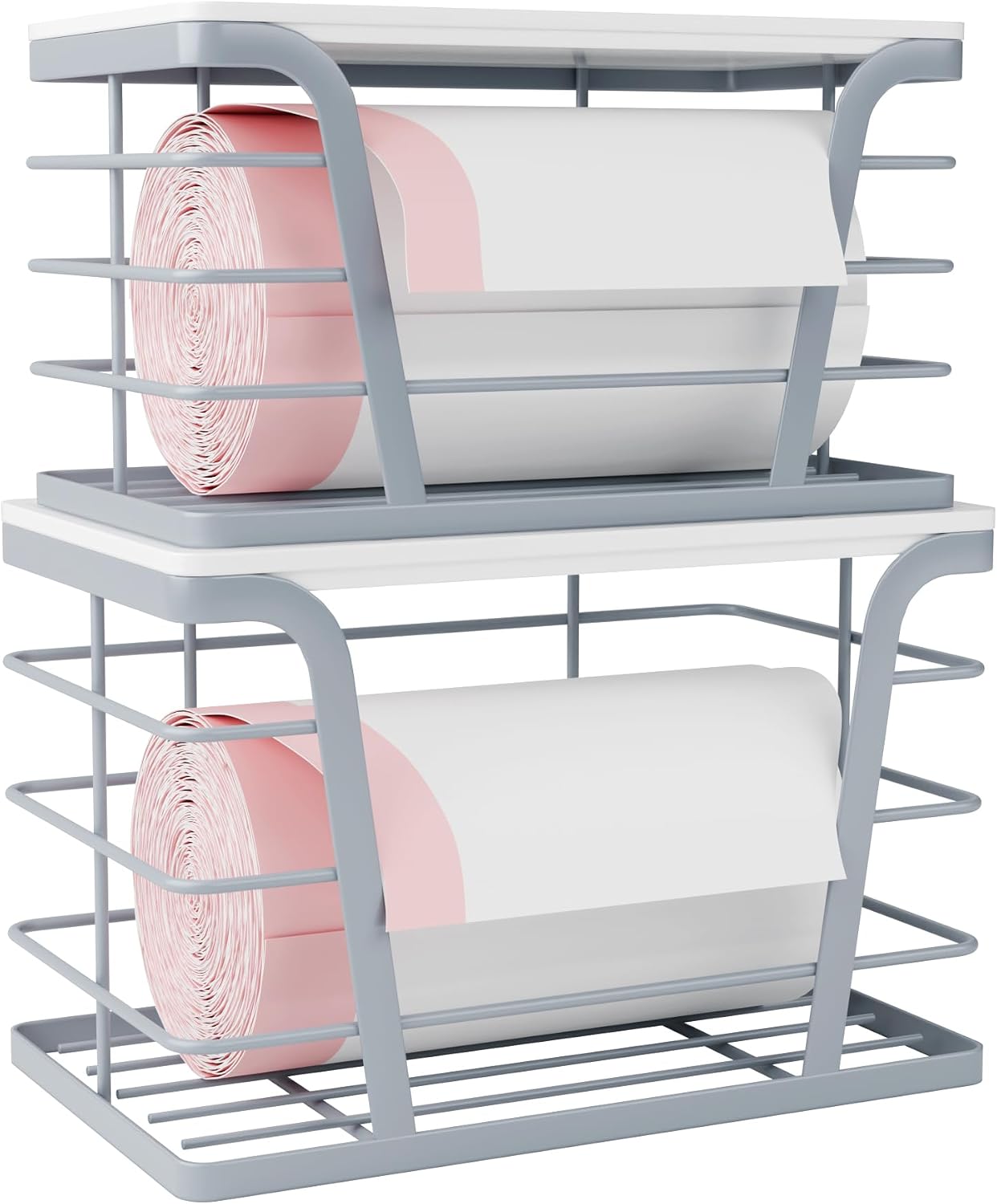TIDIIABODE 2 Pack Stackable Storage Laundry Kitchen Organizers, Wall Mount Trash Bag Holder with Bamboo Top and Garbage Bag Dispenser No Drill