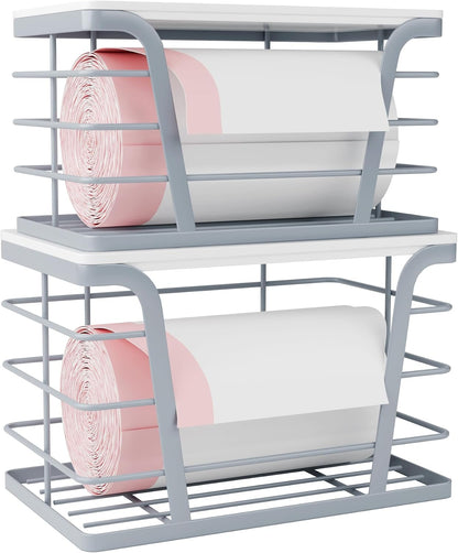 TIDIIABODE 2 Pack Stackable Storage Laundry Kitchen Organizers, Wall Mount Trash Bag Holder with Bamboo Top and Garbage Bag Dispenser No Drill