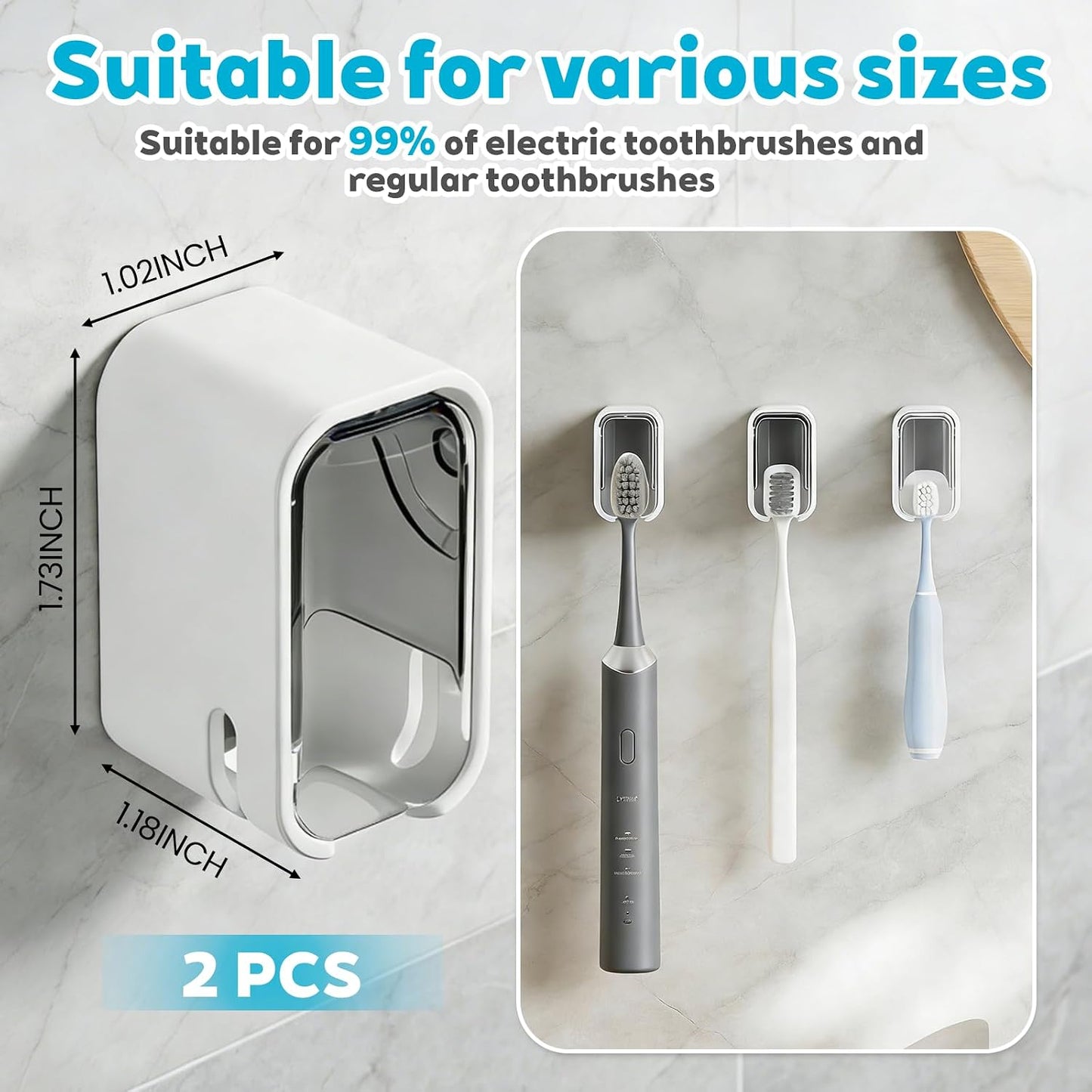 Bathroom Toothbrush Holder 2-Pack, Wall-Mounted with Cover, Single Toothbrush Storage Organizer, Suitable for Home and Travel (Gray)