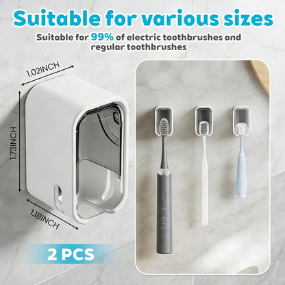 Bathroom Toothbrush Holder 2-Pack, Wall-Mounted with Cover, Single Toothbrush Storage Organizer, Suitable for Home and Travel (Gray)