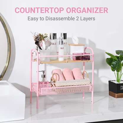 KINGRACK 4-Tier Slim Rolling Cart with Wooden Tabletop, Easy Assemble Metal Utility Cart, Slide Out Narrow Storage Cart for Narrow Space on Bedroom Bathroom Laundry Room Apartments Dormitory, Pink