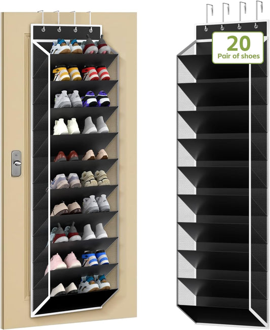 KEEPJOY Over the Door Shoe Organizer, Hanging Shoe Organizer with 4 Hooks, Shoe Holder with 14 Mesh Pockets Closet Door Shoe Storage Bag (White-2Pack)