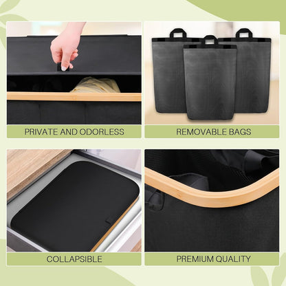 160L Laundry Hamper with Lid, 3 Section Laundry Basket with 3 Removable Bag | Clothes Hampers for Laundry with Bamboo Frame Handle, Large Dirty Clothes Hamper for Laundry Room, Bathroom, Bedroom, Black