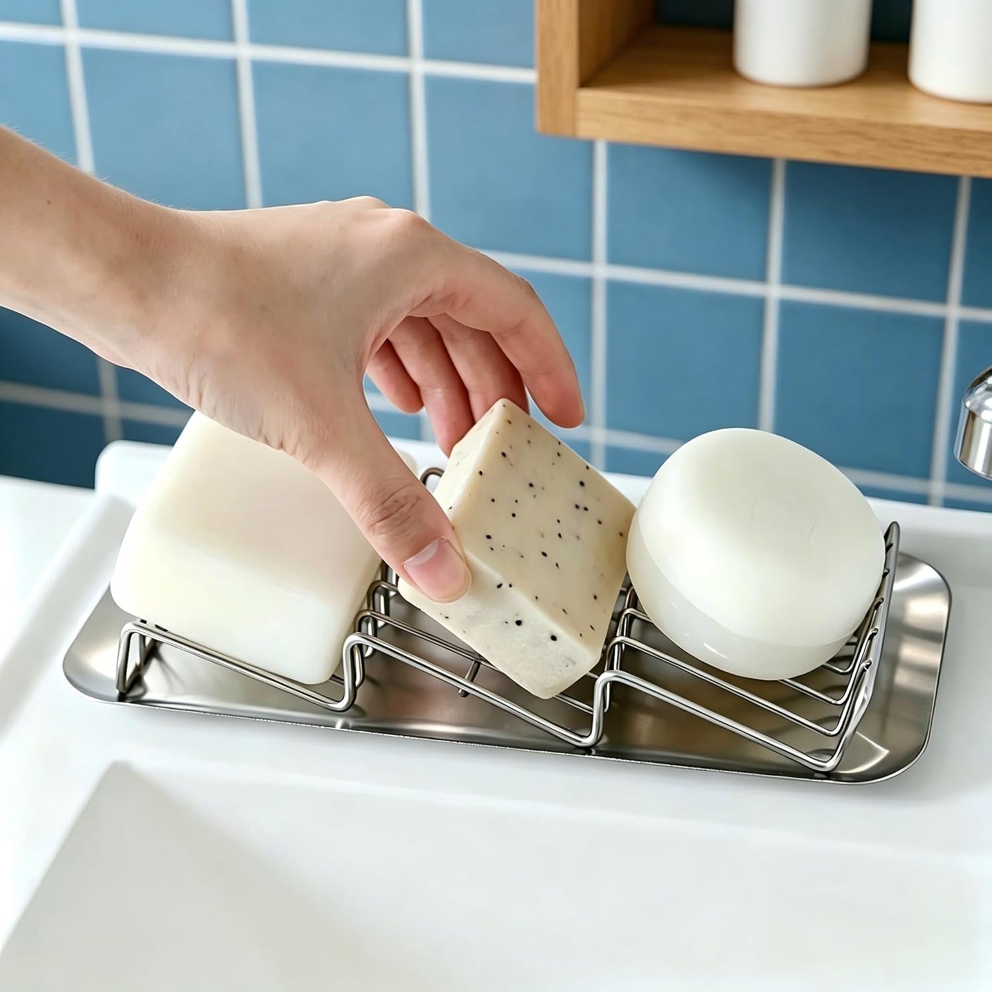 304 Stainless Steel 3 Bar Soap Dish, Self Draining Shampoo Bar Holder for Solid Shampoo & Conditioner Bars, Corner Soap Holder Tray for Shower Bathroom