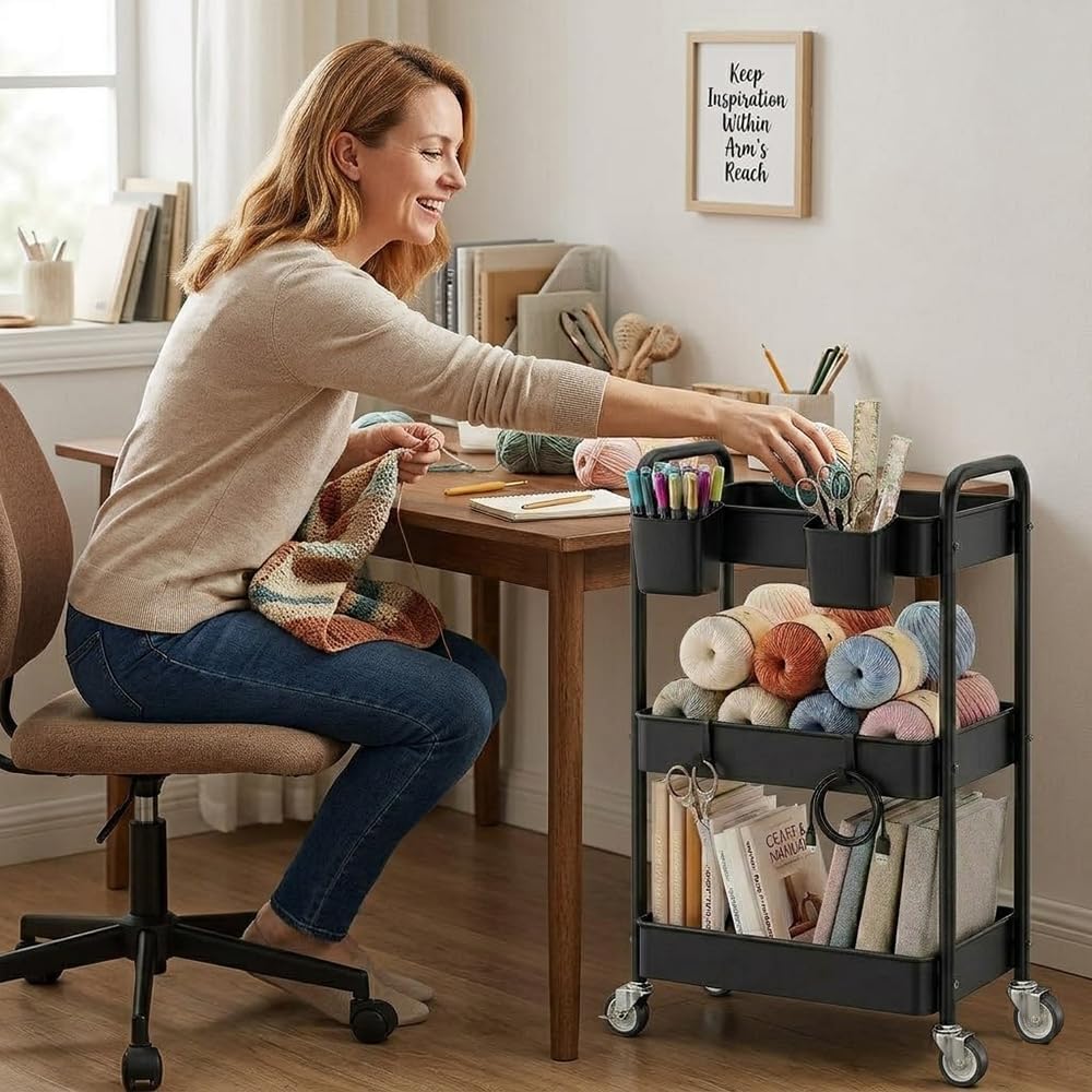 3-Tier Metal Rolling Cart, Slim Gap Space-Saver Organizer for Craft & Office