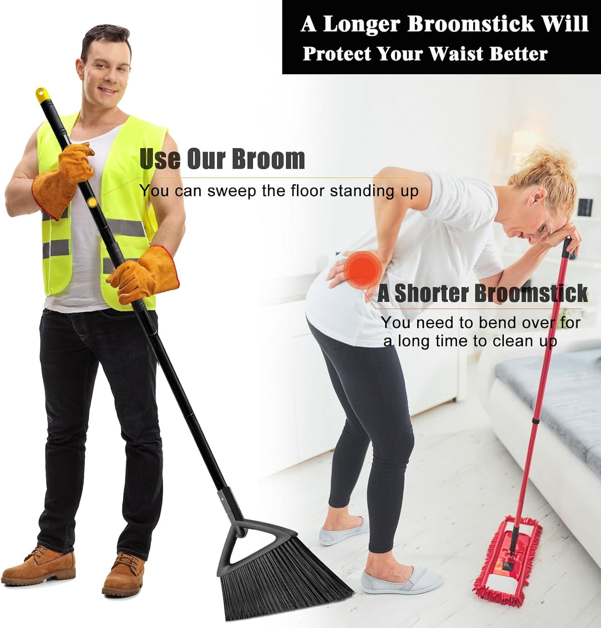 Heavy Duty Broom Outdoor and Indoor, 2 Pack Commercial Angle Brooms with Longer Handle, Perfect Black Broom for Garage, Kitchen, Courtyard, Restaurant