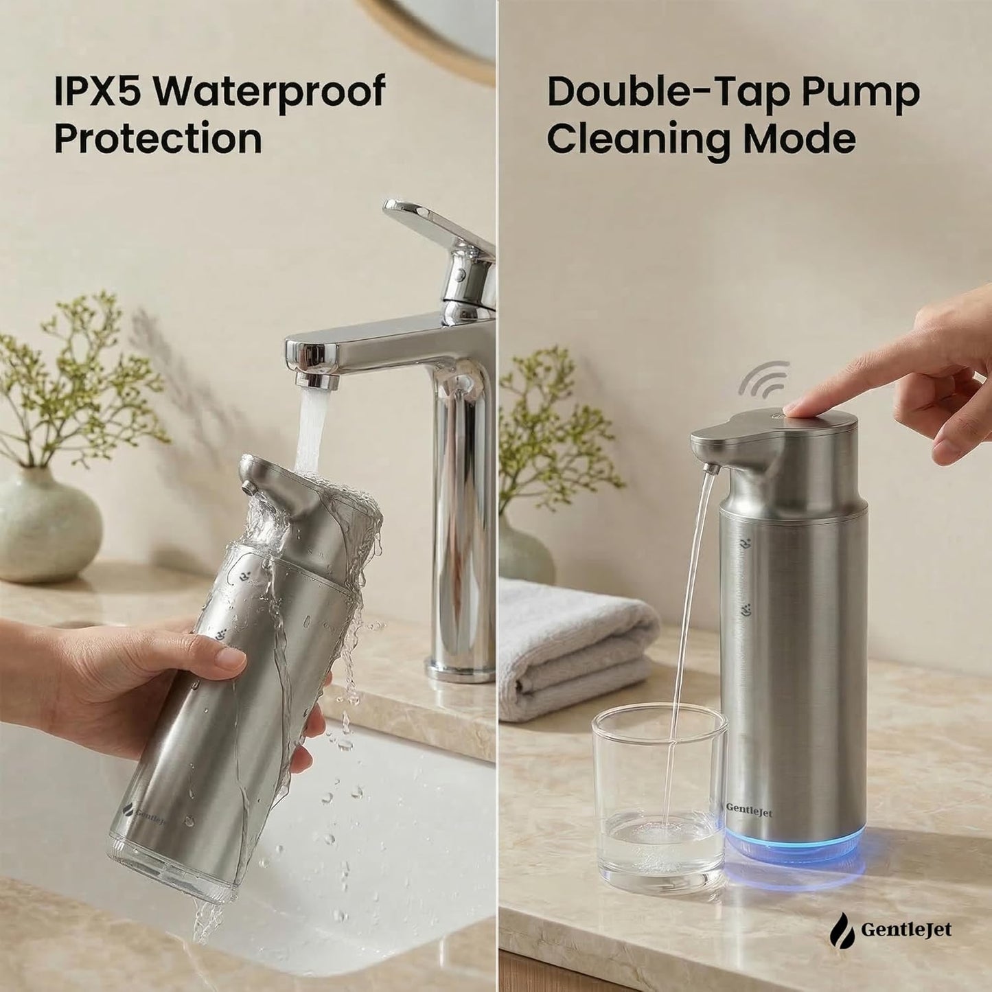 GentleJet CrystalJet Automatic Foam Soap Dispenser – Stainless Steel, Touchless Sensor, USB-C Rechargeable, Waterproof, Modern Bathroom & Kitchen Sink, 300 ml