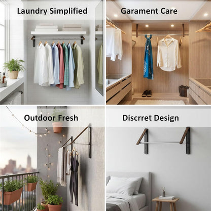 Wall Mounted Retractable Clothes Drying Rack, Walnut Foldable Hanger, Space Saving Laundry Organizer with 2 Brackets and 1 Rod, Ideal for Laundry Room, Dorm, Closet & Balcony