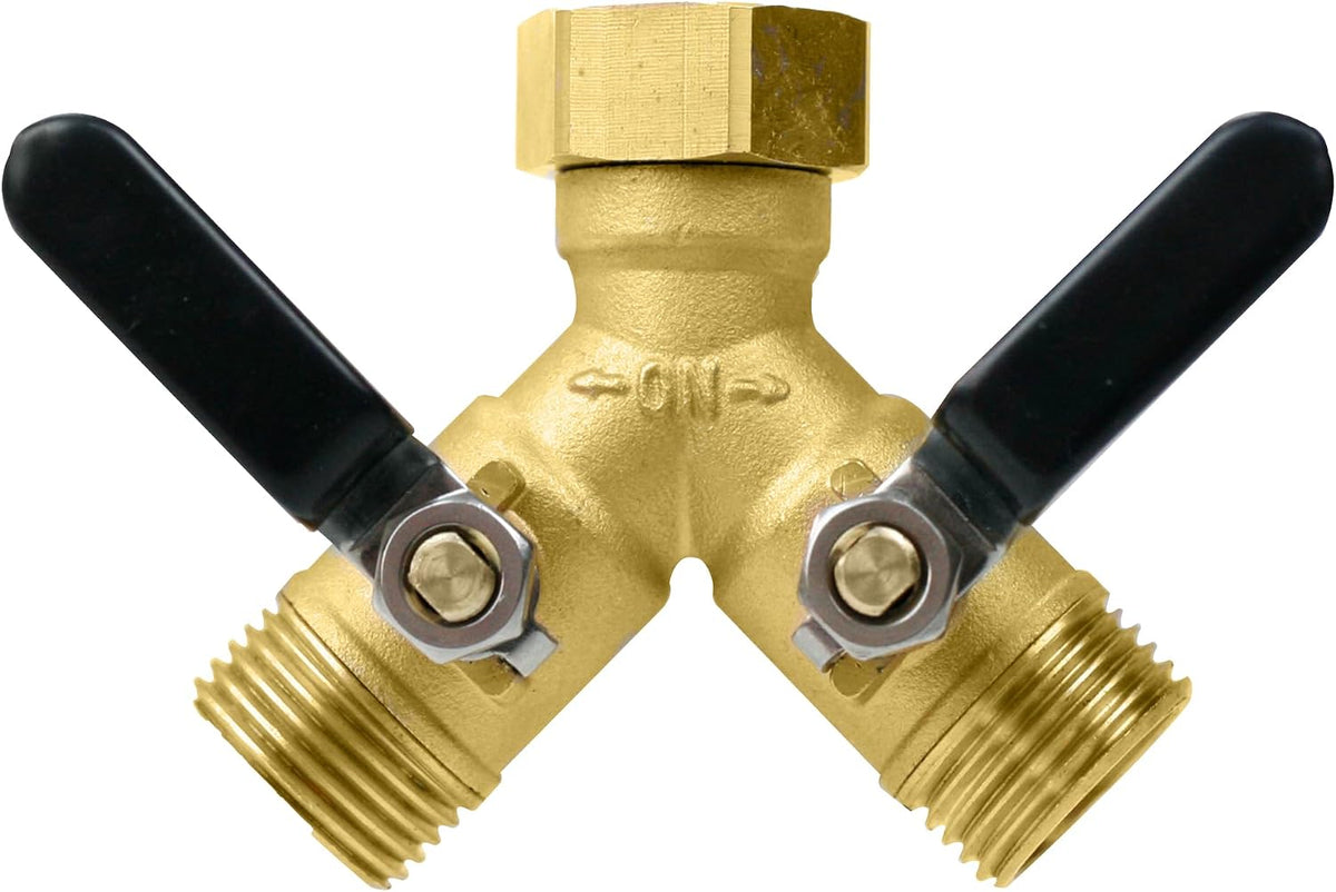 CUMIZON Solid Brass Garden Hose Splitter, 2 Way | Long Handle, 3/4" Standard Threads, Leak-Proof Dual Outlet, Heavy Duty Y Splitter, For Sprinklers and Irrigation Systems