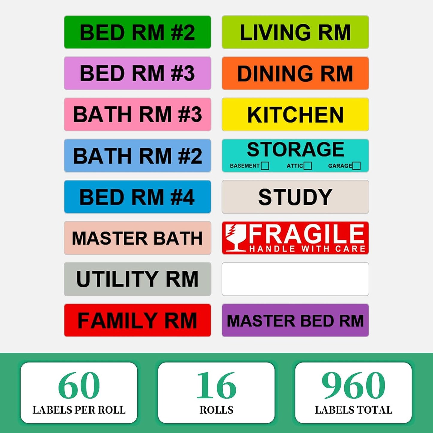 Moving Box Labels – 1440 PCS (24 Rolls) Color Coded Room Stickers, 1''x4.5'' Strong Adhesive Home Packing Stickers for Boxes of Bedroom, Kitchen, Garage, Fragile & Heavy Item Warning Labels, BIAlabel