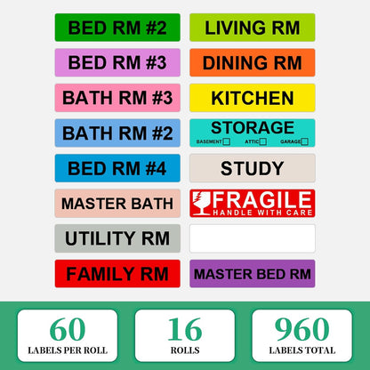 Moving Box Labels – 1440 PCS (24 Rolls) Color Coded Room Stickers, 1''x4.5'' Strong Adhesive Home Packing Stickers for Boxes of Bedroom, Kitchen, Garage, Fragile & Heavy Item Warning Labels, BIAlabel