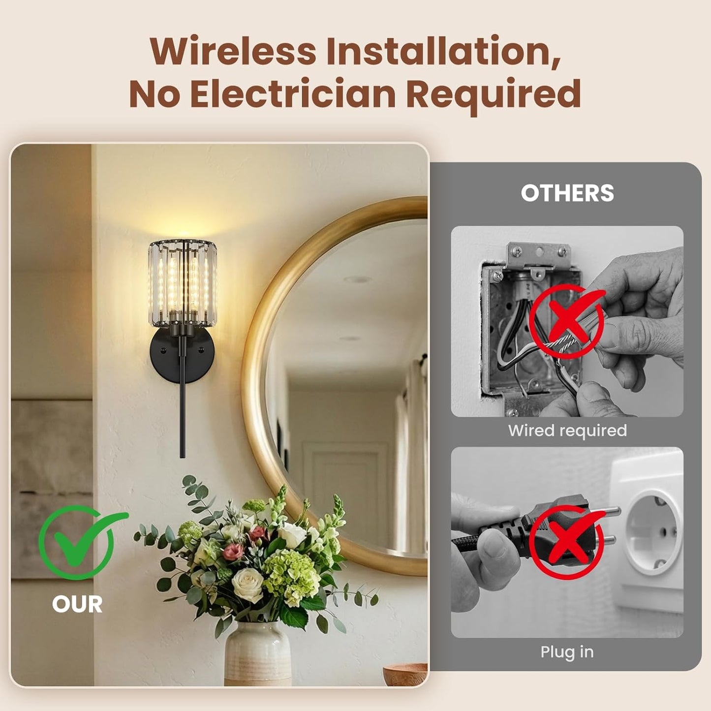 Crystal Battery Operated Wall Sconces, Brushed Gold Rechargeable Wireless Wall Sconce Lights with Dimmable Bulbs and Remote, 12 Colors and 3CCT Dimmable Crystal Lamps for Living Bedroom, 3000~6000K