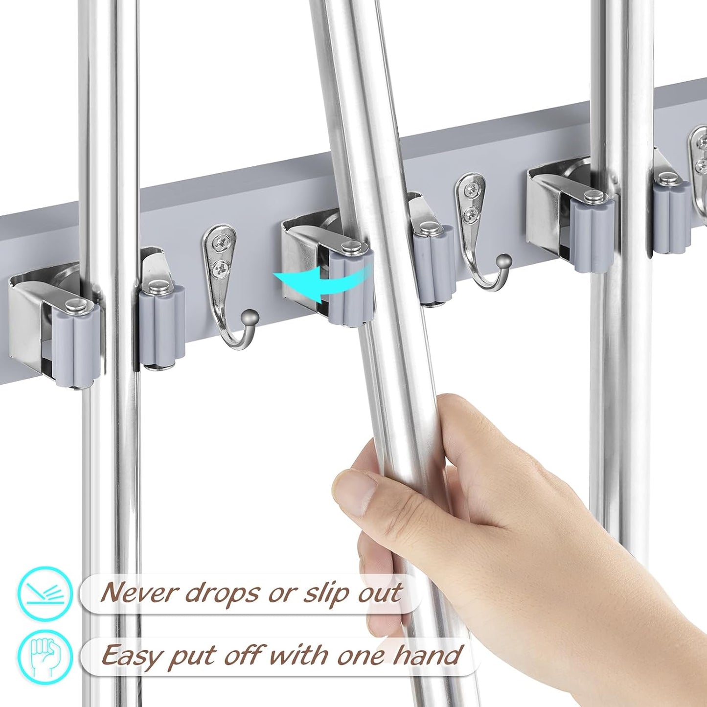 OUTNILI Mop and Broom Holder Wall Mount - Wood Broom Mop Hanger - Wall Mounted Garden Tool Rack Organizer for Closet Garage Laundry Room for Rustic Kitchen Decor With 5 Slots & 4 Hooks