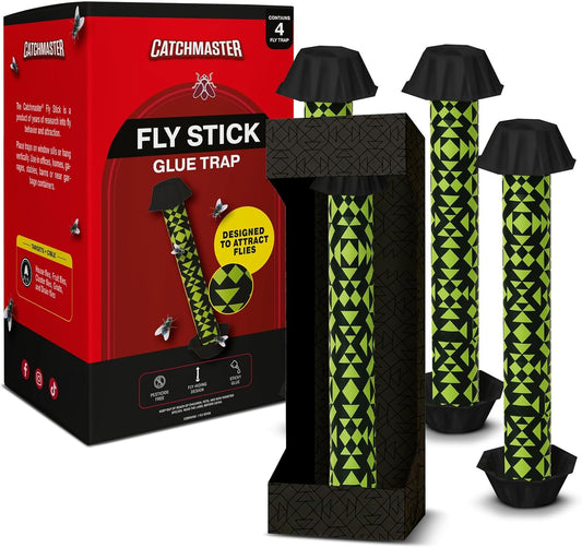 Catchmaster Fly Stick 4-Pack, Sticky Hanging Fly Traps Indoor & Outdoor | High-contrast design attracts and hides flies; Unscented; Captures flies, gnats & insects; Heavy duty glue; Hang or stand