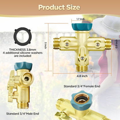 IPOW Upgrade Full Flow Garden Hose Splitter with Stainless Steel Handle, Brass Heavy Duty 2 Way Y Valve Garden Hose Splitter High Flow Spigot Splitter + 6 Rubber Hose Washers with Comfort Grip Use