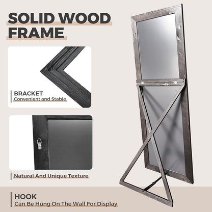65"x22" Full Length Mirror Solid Wood Frame Floor Mirror with Stand for Living Room, Bedroom Hanging Standing or Leaning, Brown