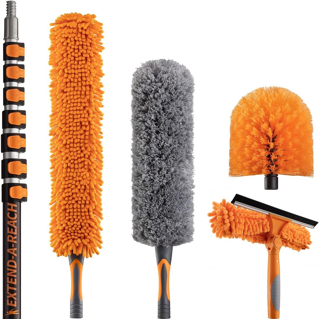 30 Foot High Reach Duster Kit with 5-24 ft Extension Pole // High Ceiling Dusting and Window Cleaning Kit with Telescopic Pole // Window Washer & Squeegee, Cobweb Duster, Fan Blade and Feather Duster