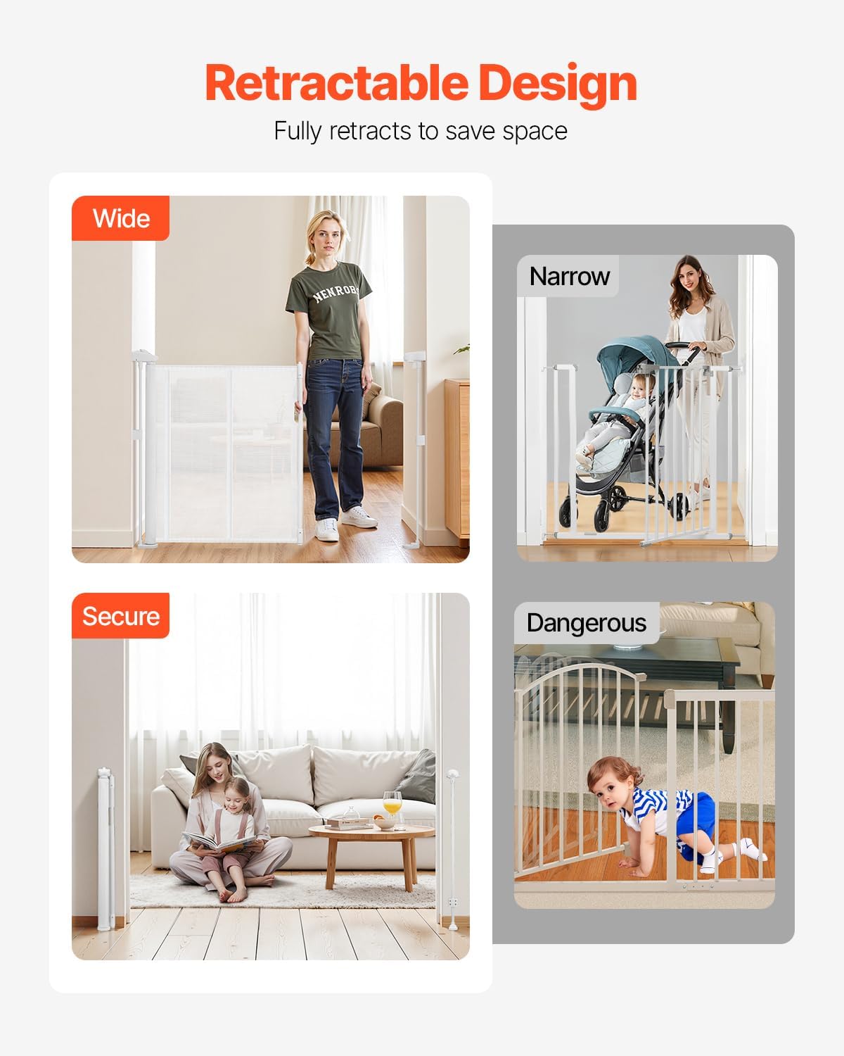 VEVOR Retractable Baby Gate, 34 inch Tall, Extends up to 71 inch Wide, Retractable Gate for Kids or Pets, Mesh Material, Easy to Install for Indoor Stairs, Doorways, Hallways, Playrooms, Gray