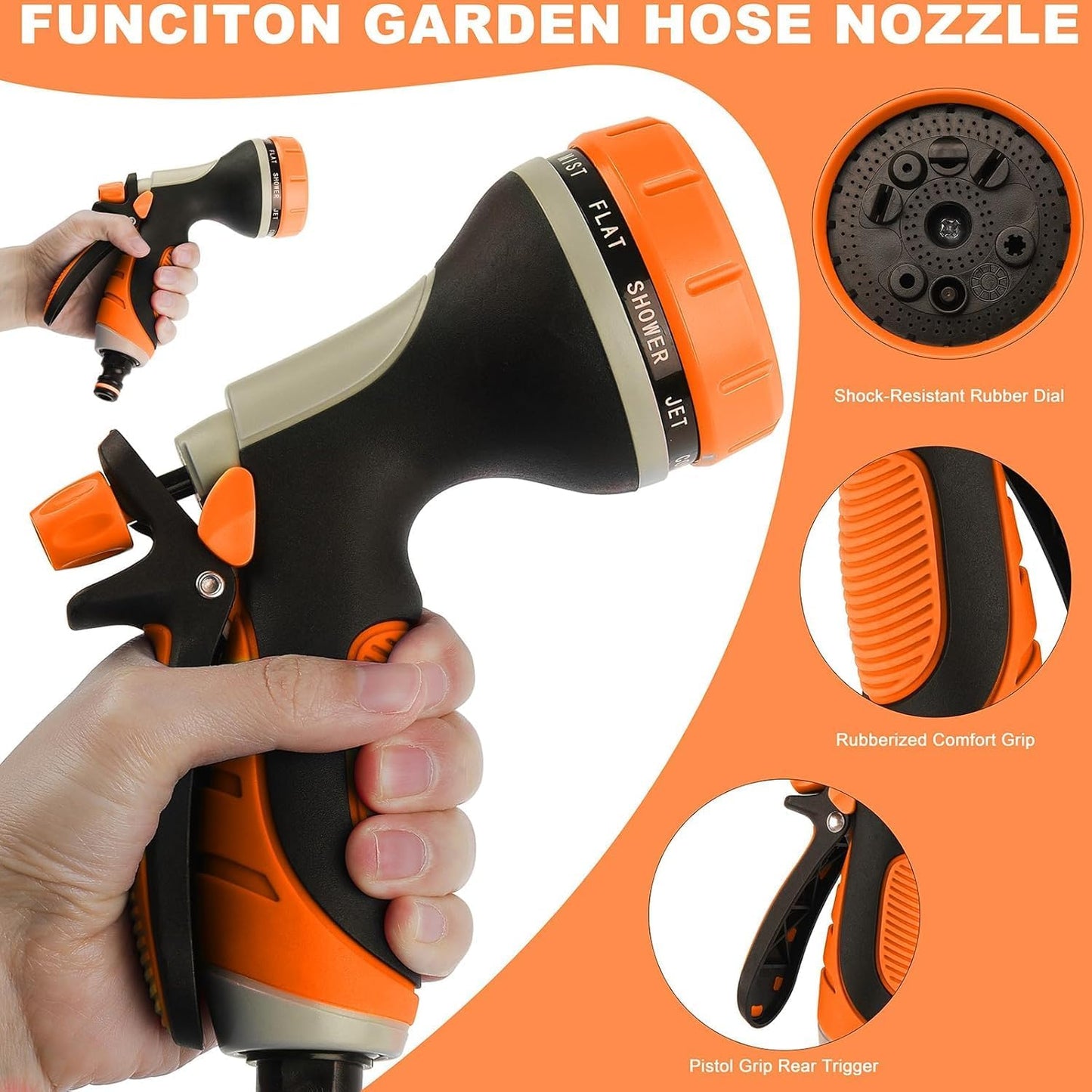 Garden Hose Nozzle with Adjustable 10 Watering Patterns, Water Hose Nozzle Sprayer with Slip Resistant,High Pressure Garden Hose Spray Nozzle for Plants & Lawns Watering,Car Washing and Pet Showering
