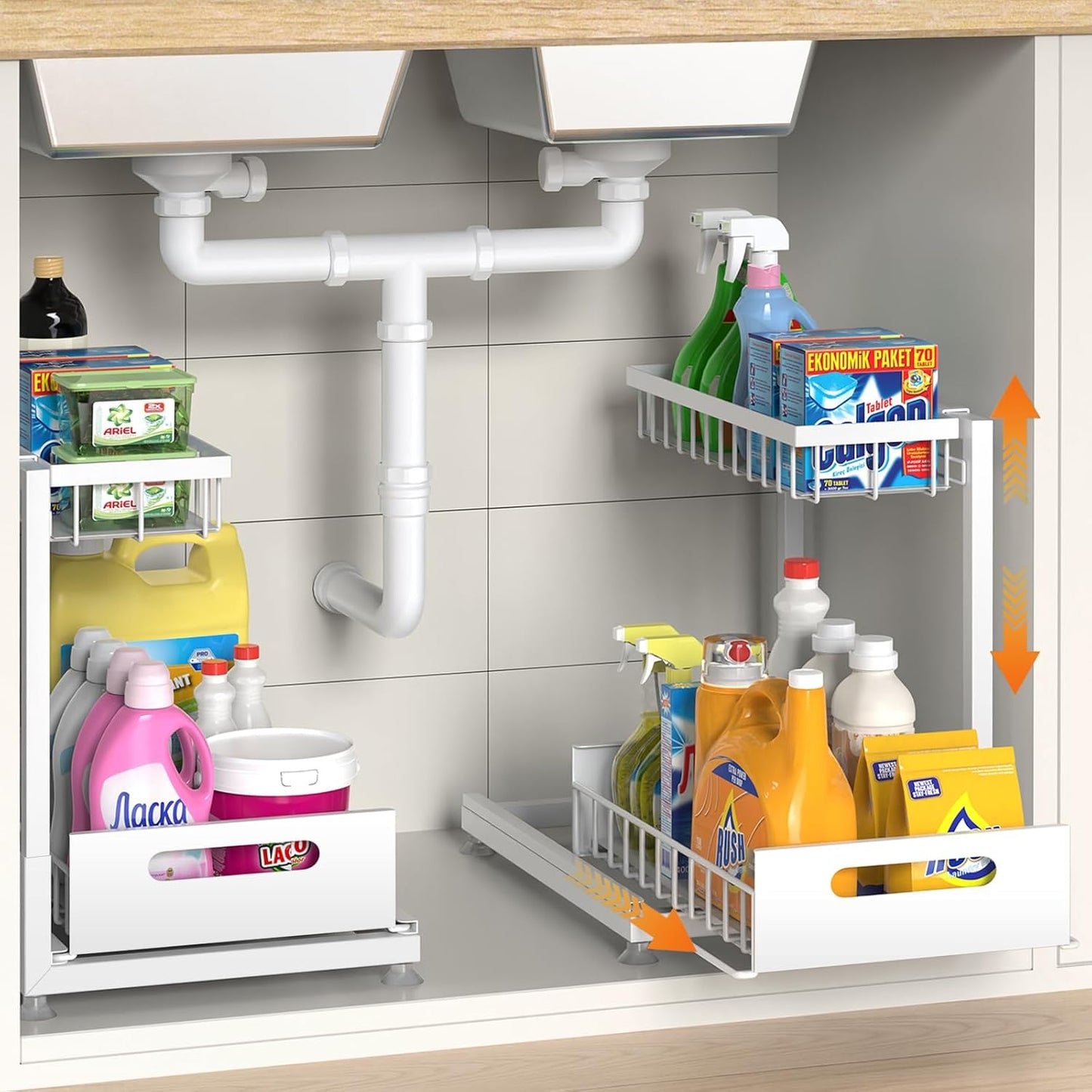 Saydear Under Sink Organizer Storage 2-Tier Premium Metal Pull-Out Kitchen Cabinet Organizer with Sliding Drawer, Height Adjustable, Heavy Duty for Kitchen & Bathroom Organizers 2 Pack Black