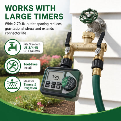 2 Way Garden Hose Splitter Heavy Duty，Full Flow Garden Hose Splitter with 2 Extra Rubber Washers，Brass Rust and Freeze Resistant Water Hose Bib Splitter，3/4” GHT Thread T Adapter