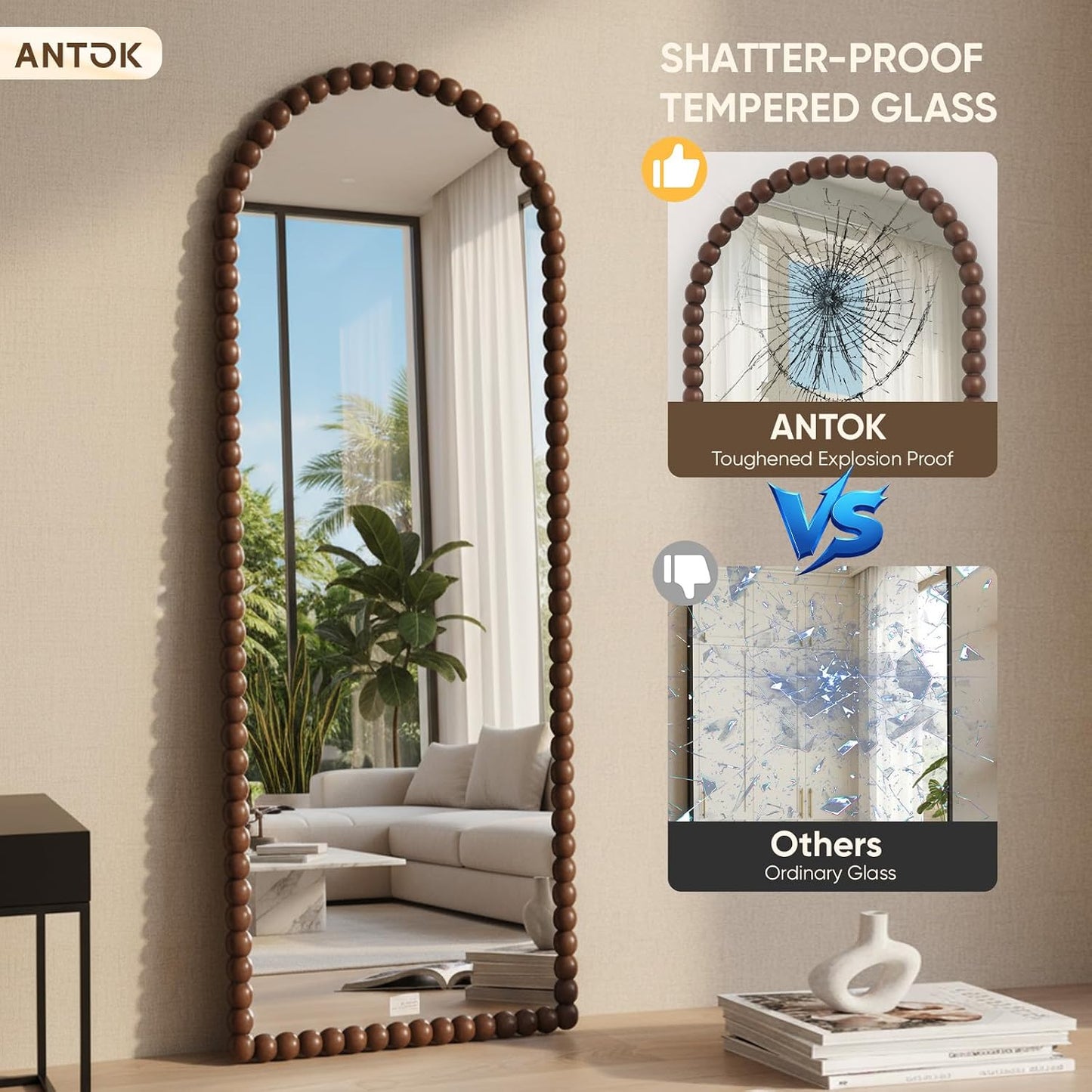 Antok 58" x 21" Arched Full Length Mirror, Antique Beaded Frame Floor Standing or Wall Mounted Mirror with Stand for Bedroom, Entryway, Brown, Luxury Style
