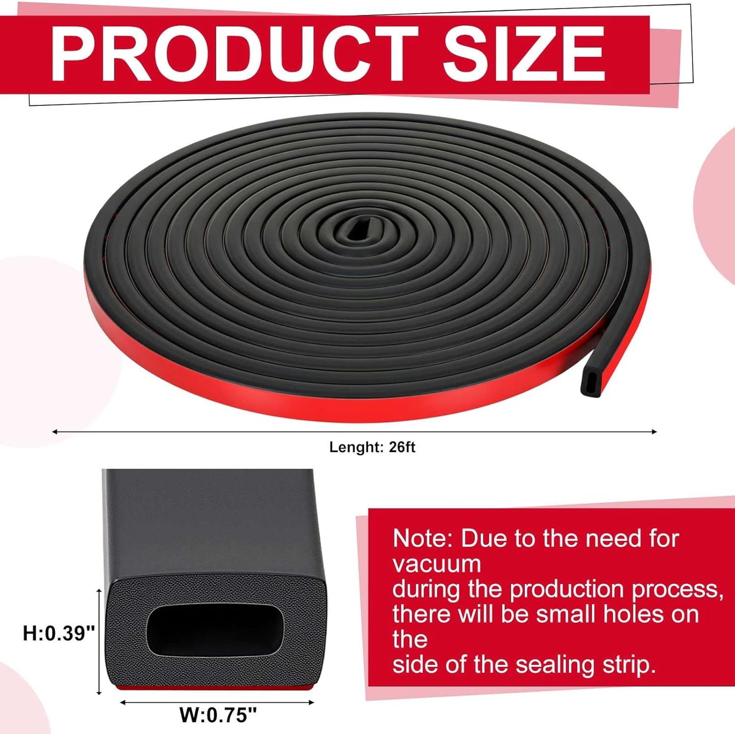 Pangda 20 Ft Rectangular Rubber Seal Strip with Self-Adhesive Tape, 1" W x 1/2" H Foam Rubber Weather Stripping for Boat, Automobile, RV, Ship, Garage Door/Window Seal, Black (Double Hole)