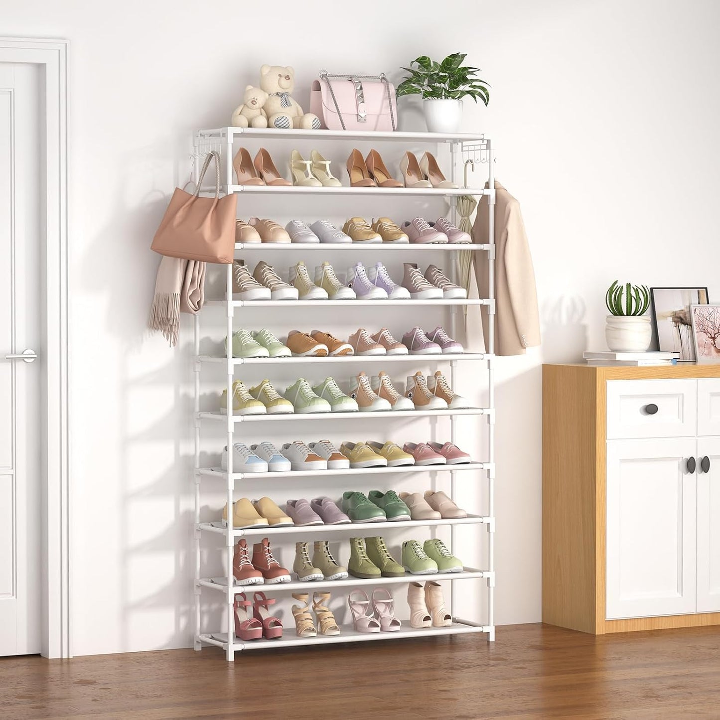 LANTEFUL 10 Tiers Shoe Rack 50 Pairs Large Capacity Tall Shoe Organizer Sturdy Shoe Storage with Two Hooks Space Saving Metal Wide Shoe Rack for Closet, Entryway, Bedroom, Black
