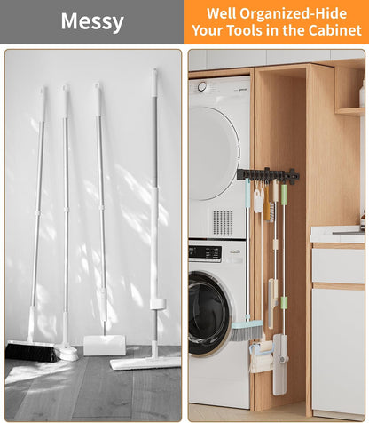 Pull Out Broom Holder With 9 Adjustable Sliding Hook, Multifunctional Slide Broom And Mop Storage/Organizer Garage Organization Hooks, for Closet Laundry - Dark grey- 41cm/16.14inch