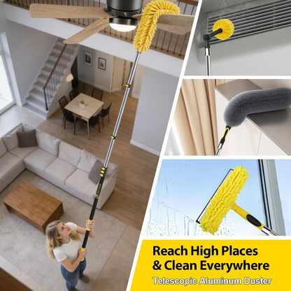 20 Foot High Ceiling Duster Kits with 5-12ft Heavy Duty Extension Pole, High Reach Duster for Cleaning,Microfiber Feather Duster,Cobweb Duster,Ceiling Fan Duster,Window Squeegee & Cleaner