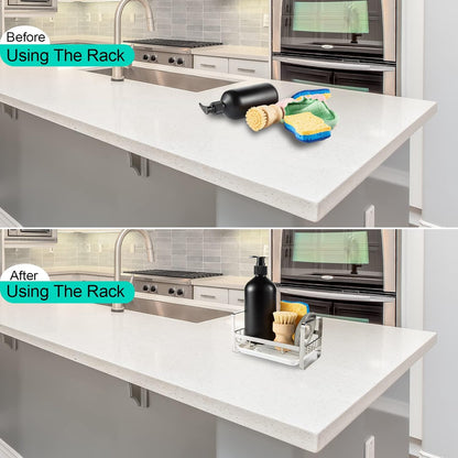 TEZZ Sponge Holder for Kitchen Sink- Stainless Steel Kitchen Sink Caddy for Organizing Sponge, Brush & Soap Dish Dispenser, coutertop Organizer Rack with Adhesive or Counter top, Black