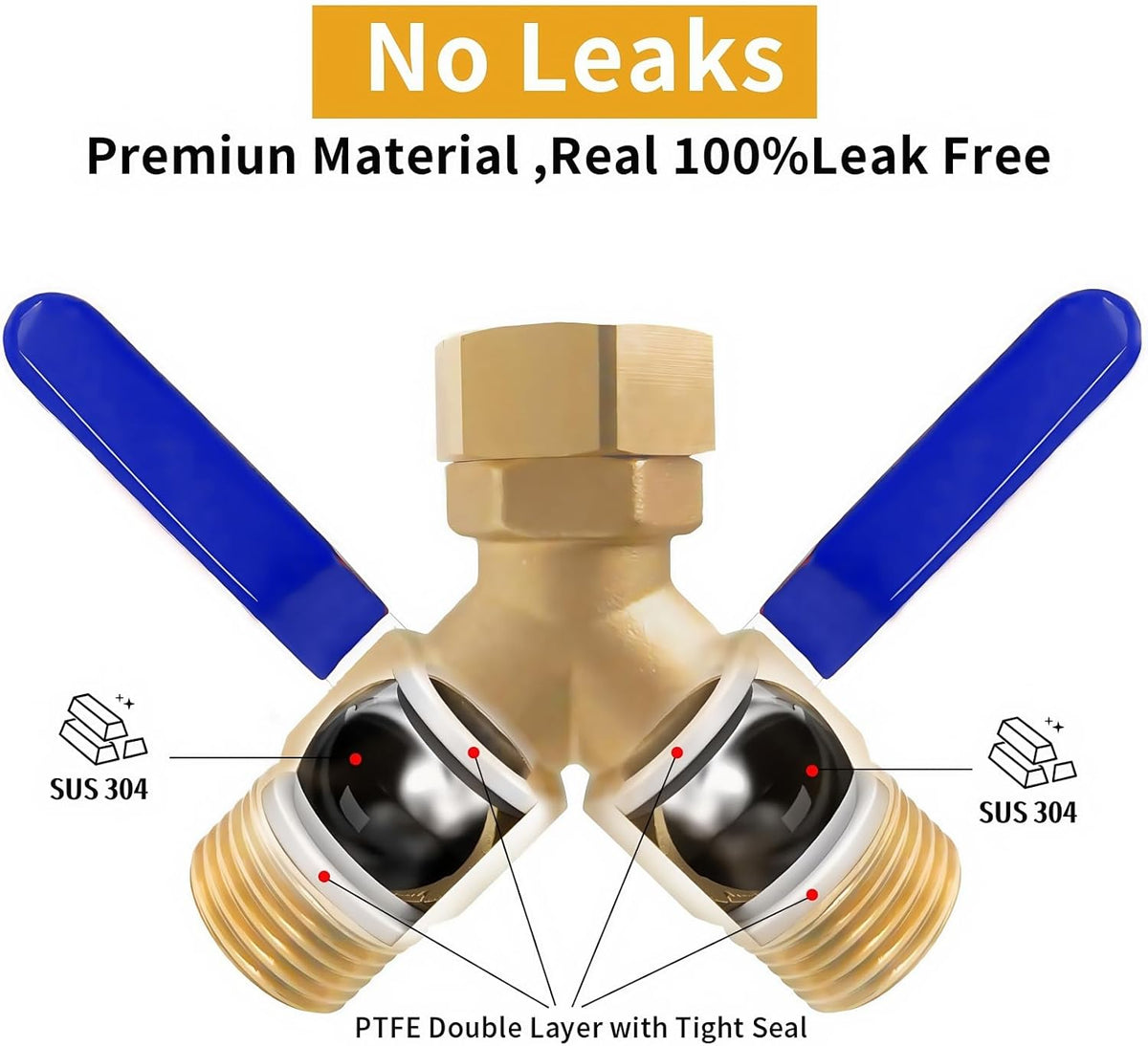 2 Way Garden Hose Splitter Heavy Duty Brass, Y Hose Splitter with Extra Long Handles for Easy Shut Off, Metal Water Spigot Adapter Fits Standard 3/4" GHT Faucet
