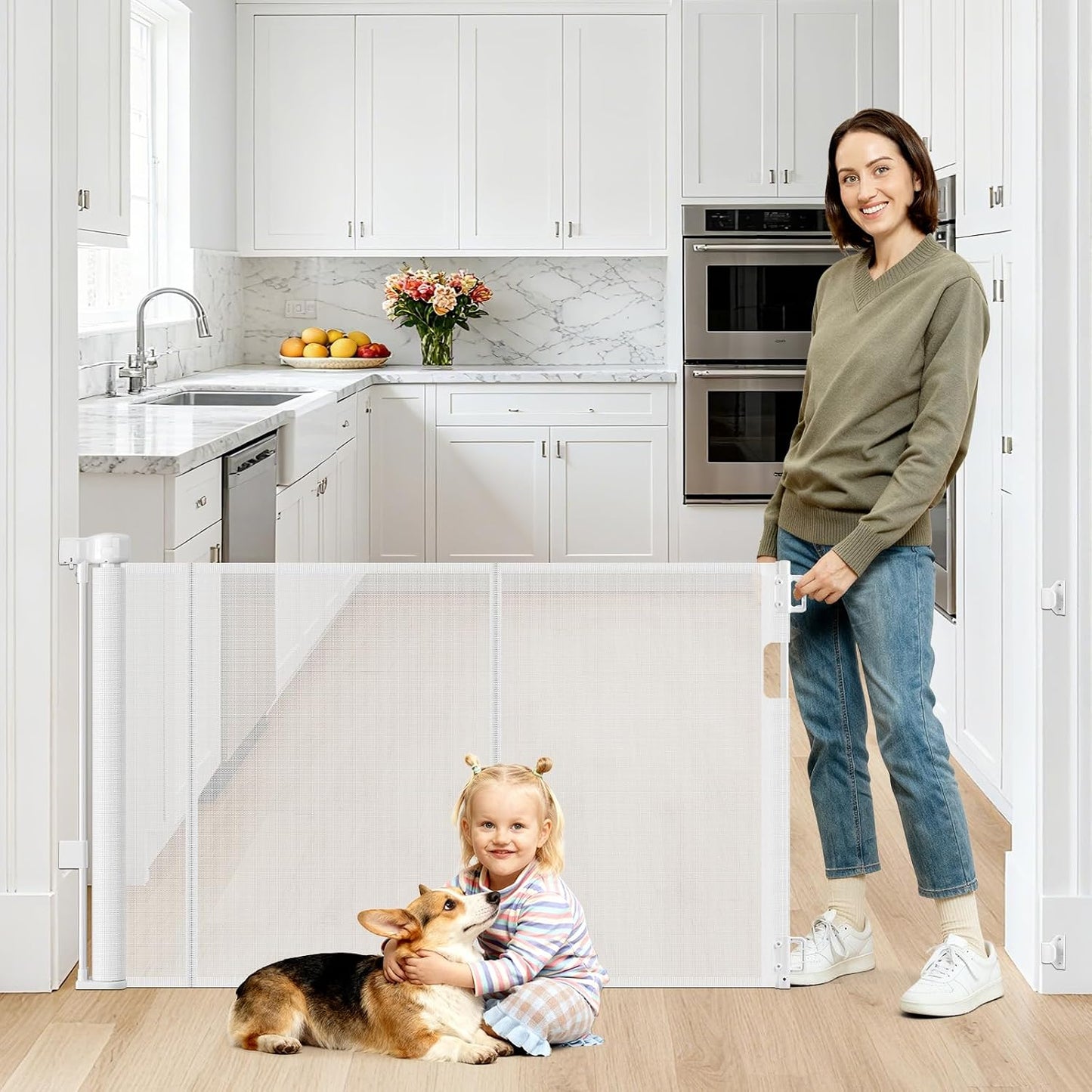 Reinforced 55" Wide Retractable Baby Gates with Reinforced Strips, Indoor/Outdoor Retractable Dog Gate for Doorway Prevent Bottom Drilling Through, No Bottom Bar Safety Mesh Baby Gate for Stair, Black