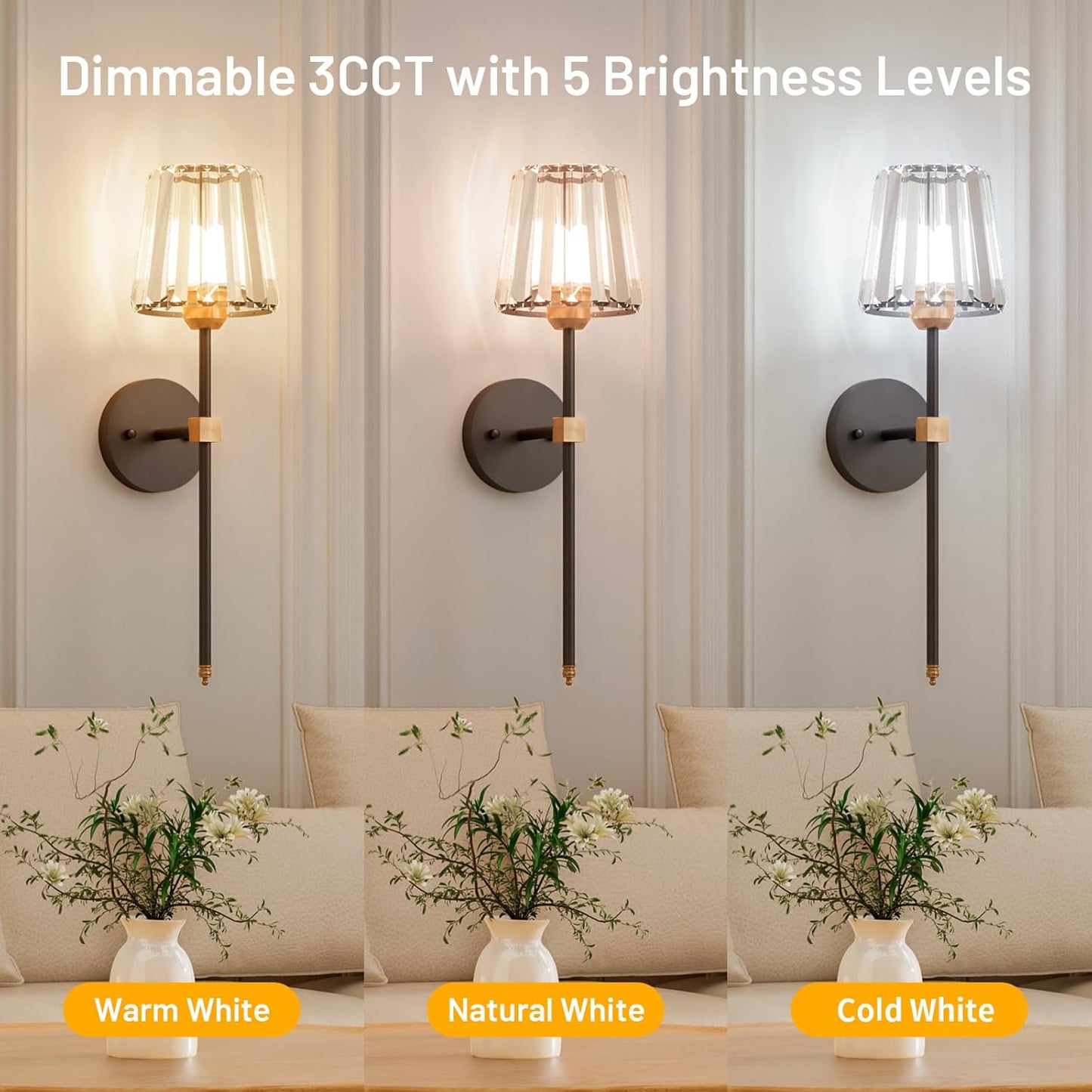 Crystal Battery Operated Wall Sconces Set of 2, Gold Rechargeable Wireless Wall Sconce Lights with Crystal Lampshade, 12 RGB and 3CCT Dimmable Wall Lamps with Remote for Bedroom Living Room Hallway