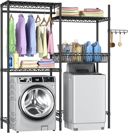 Golpart Over Washer and Dryer Shelves,Heavy Duty Laundry Room Storage Organization Clothes Drying Rack,5 Tier Adjustable Height Wire Shelving and Wire Basket with Hanger Rod&Hook,Space Saving Shelf