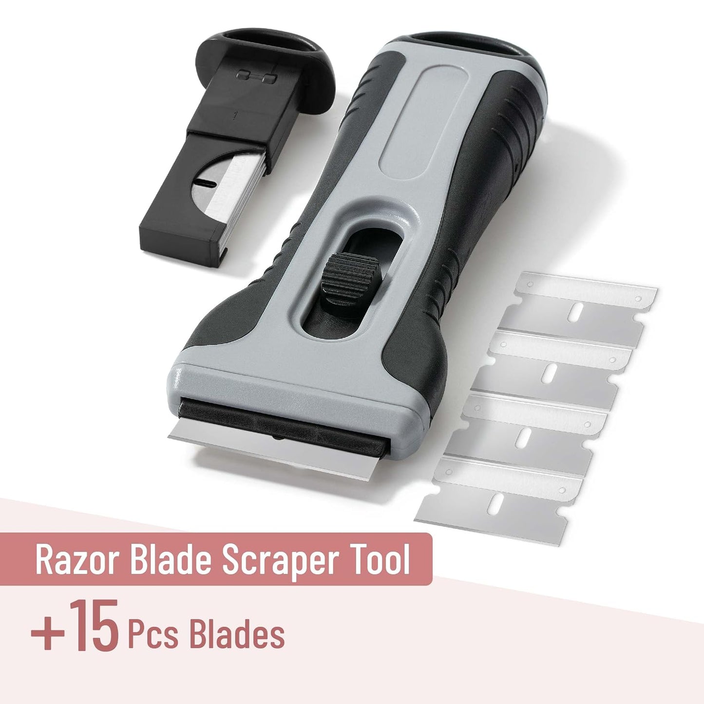 Bates- Razor Blade Scraper Tool, 2 Pack, Gray, 30 Extra Carbon Steel Blades, Anti-Slip Ergonomic Handle Design, Razor Scraper with Buid-In Blade Storage for Cleaning Window, Paint, Oven, Glass Stove