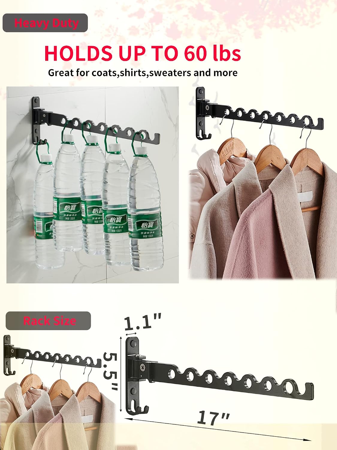 Dr.DJ Wall Mount Coat Hanger Holder Silver Clothes Drying Organizer Rack Garment Hooks Aluminium Retractable Folding Indoor Wall Mounted Hanger Space Saver for Laundry Room Bedroom (2 Racks) Silver