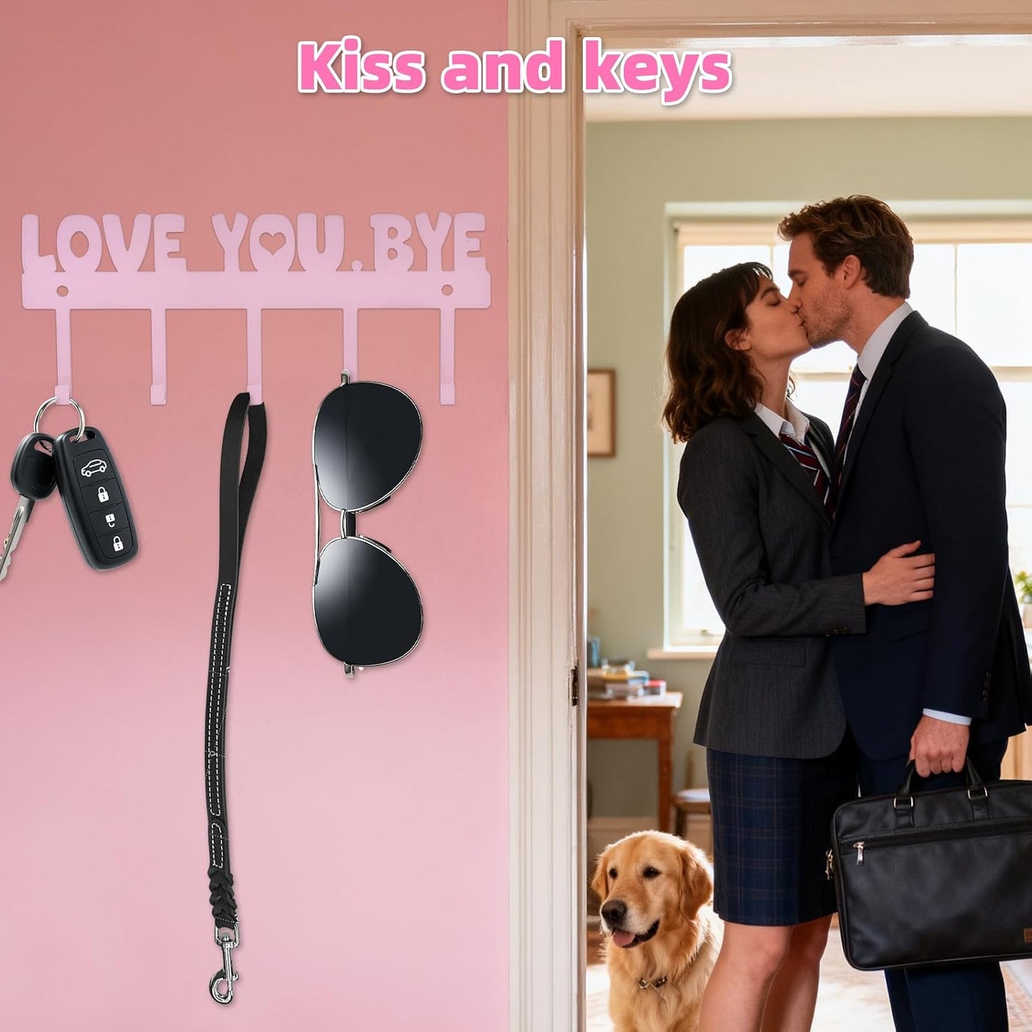 Key Holder Wall Mount, No Drill Adhesive, Black, 5 Hooks | 'Love You.Bye' Entryway Organizer, Metal, 10x4 Inch, Screws Installation