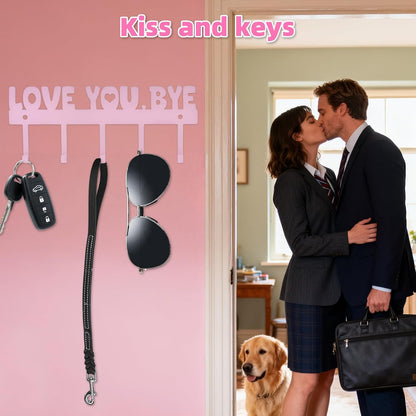 Key Holder Wall Mount, No Drill Adhesive, Black, 5 Hooks | 'Love You.Bye' Entryway Organizer, Metal, 10x4 Inch, Screws Installation