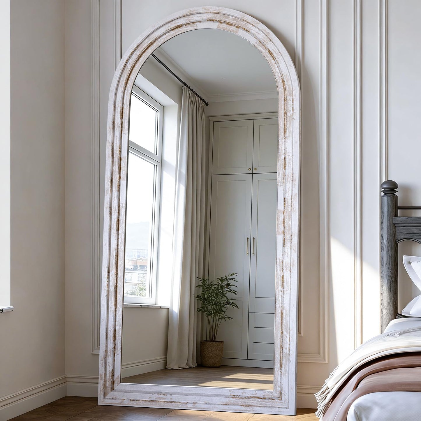 71x32 Inch Arched Full Length Mirror with Solid Wood Frame Wall Mounted Floor Mirror, Vertical Hanging Leaning Standing Mirror for Living Room, Bedroom, Entryway, Brown