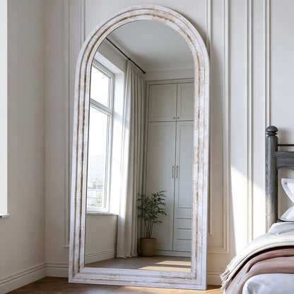 71x32 Inch Arched Full Length Mirror with Solid Wood Frame Wall Mounted Floor Mirror, Vertical Hanging Leaning Standing Mirror for Living Room, Bedroom, Entryway, Brown
