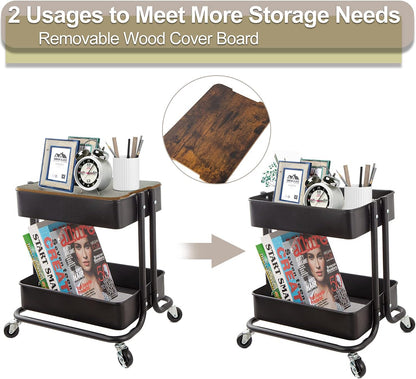 2-Tier Utility Rolling Cart Storage Sofa Side Table with Wheels, Mobile Trolley Organizer with for Office Home Kitchen Organization, Cream White