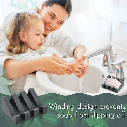 Cunhill 2 Pieces Silicone Soap Dish Self Draining Soap Dish Shower Waterfall Bar Soap Holder Tray with Drain Soap Saver for Kitchen Bathroom Accessories (Black)