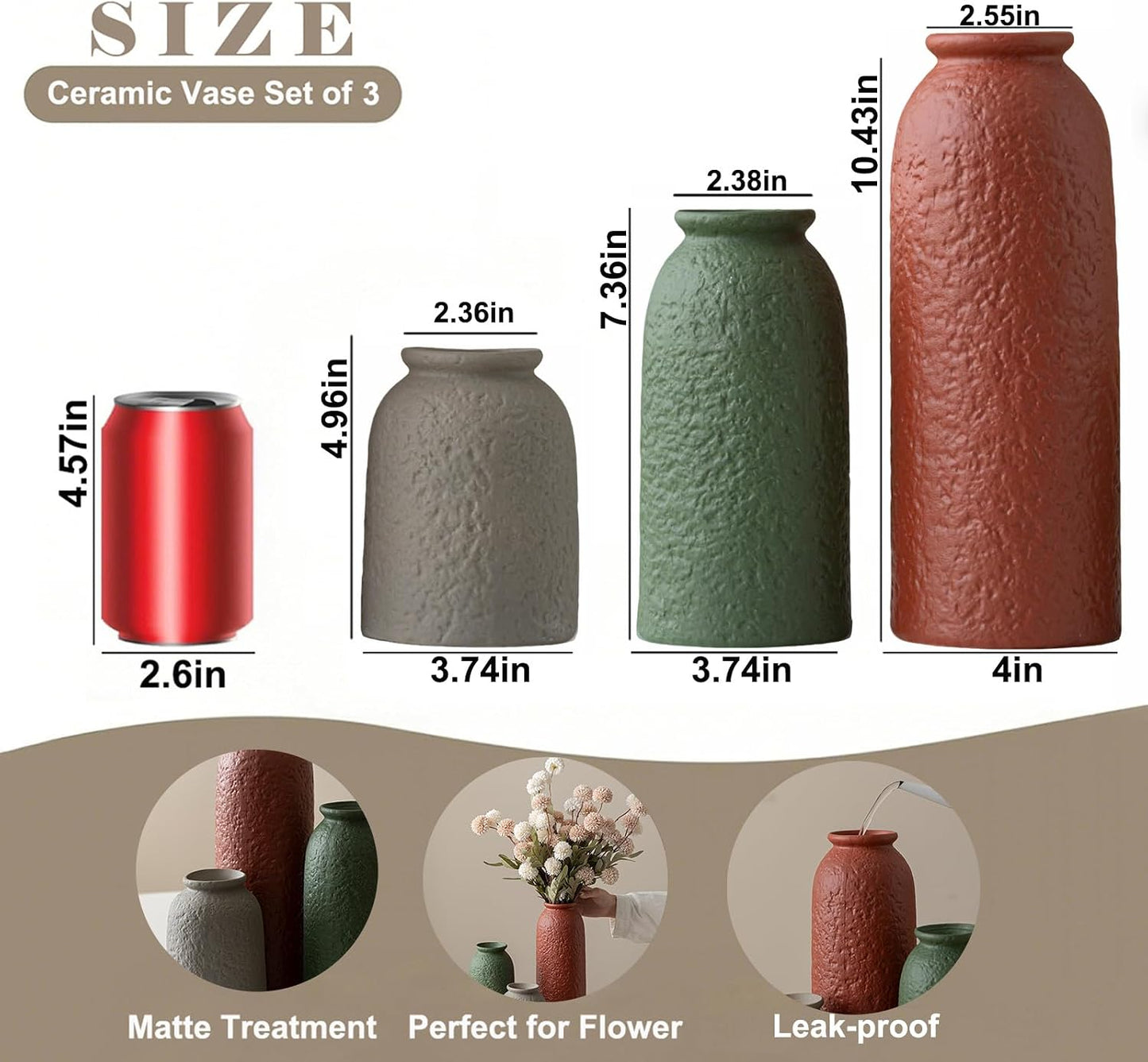 Ceramic Vase Set-3, Small Flower Vases for Decor, Modern Boho Farmhouse Style, Decorative Vases for Pampas Grass & Dried Flowers, Distressed Finish (Beige)